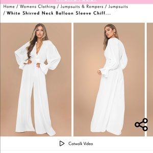 White Shirred Neck Balloon Sleeve Chiffon Jumpsuit